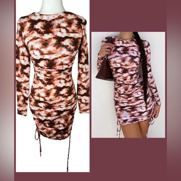 Tiger Mist Riri Brown & Rust Red Print Bodycon Long Sleeved Ruched Dress - Picture 1 of 9